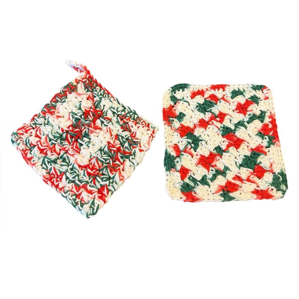 Handcrafted Crochet Pot Holders in Red, Green, and White